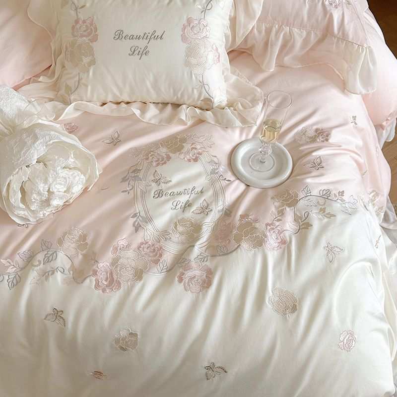 法式浪漫少女心100支纯棉四件套花卉刺绣被套全棉磨毛1.8床上用品