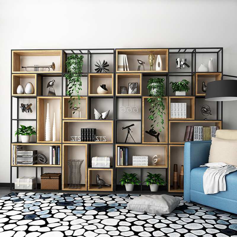 北欧铁艺落地书架 客厅家具实木隔断置物架办公室多层格子展示架