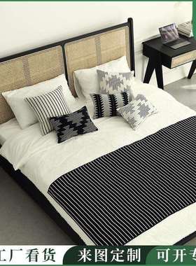 现代简约经典黑色设计卧室藤编白蜡木框1.8m双人床1.5m单人民宿床