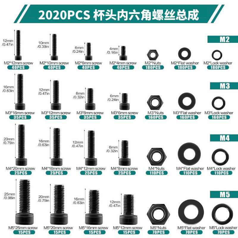跨境2020PCS 12.9级DIN912黑色内六角M2-M5杯头螺丝配平弹母盒装
