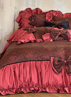 法式浪漫长绒棉新婚庆四件套全棉红色蝴蝶结被套床上用品