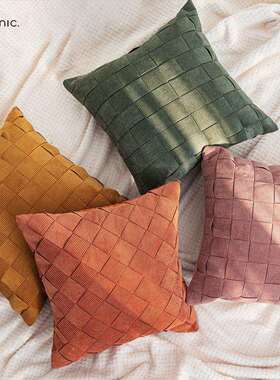 轻奢复古灯芯绒编织抱枕沙发靠枕橘色粉色墨绿色靠垫卧室床头靠背