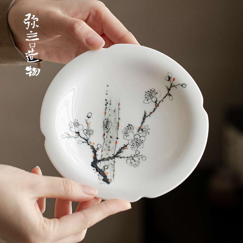 弥言白瓷手绘梅花壶承纯手工陶瓷花口卷边干泡盘家用茶台盖碗茶壶