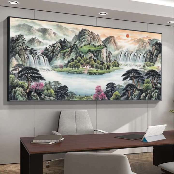 山水风景油画布喷绘铝合金挂画字画壁画办公室国画沙发客厅装饰画