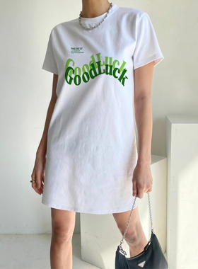 白色长t连衣裙子夏季短袖t恤女中长款宽松字母百搭遮屁股圆领上衣