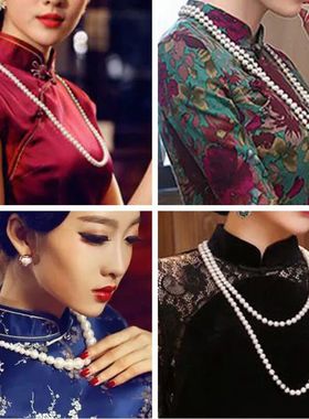 天然淡水珍珠毛衣链9-10mm白色近圆珍珠复古旗袍配饰毛衣长款项链