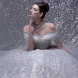 一字肩婚纱生日新娘v领高级质感小个子重工奢华大拖尾星空礼服女