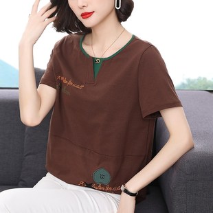 宽松圆领半袖 纯棉短袖 中年妈妈洋气大码 2024年新款 上衣 T恤女夏季