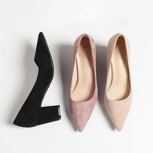 33小码 黑色绒面工作鞋 裸色高跟鞋 尖头粗跟女单鞋 6CM 女职业新款