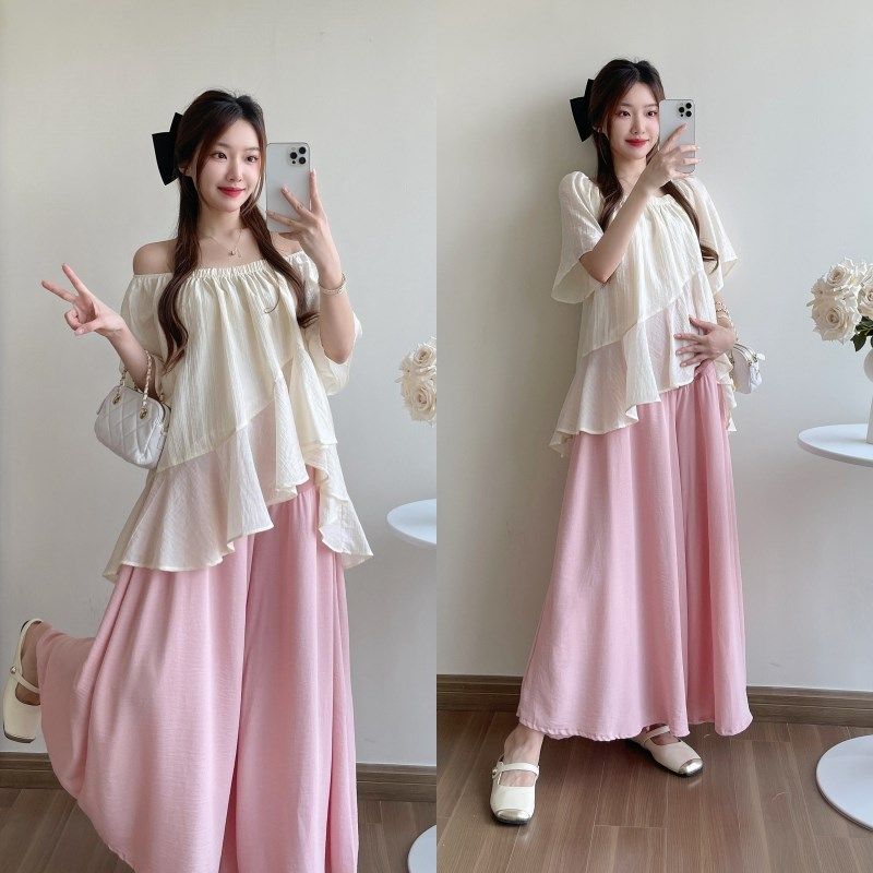 时尚孕妇装2025夏季新款短袖不规则设计感上衣宽松阔腿裙裤两件套