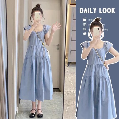 孕妇连衣裙夏款2025新款法式温柔小飞袖U领蓝色A字裙子夏季长裙
