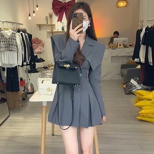 有里布拼接领披肩收腰女装 设计感显瘦小个子高级感连衣裙D0157