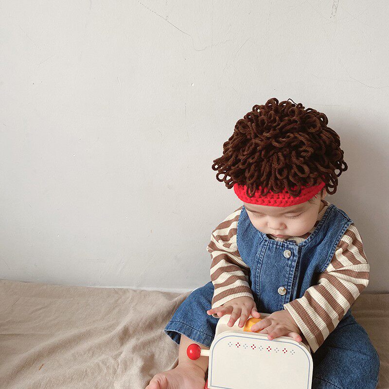 宝宝帽子手工纯棉针织毛线帽男女儿童韩版假发帽秋冬婴儿保暖帽潮