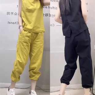 女装 直筒裤 子两件套薄款 2024夏季 棉麻套装 大码 洋气八分哈伦裤 新款
