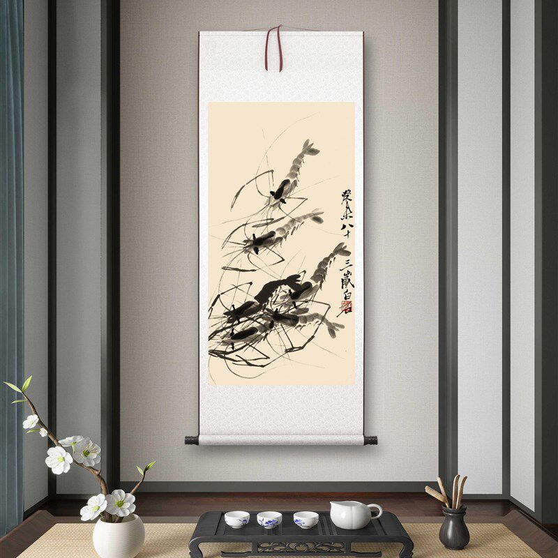 齐白石《六虾图》客厅书房茶室装饰画挂画玄关水墨高清卷轴字画