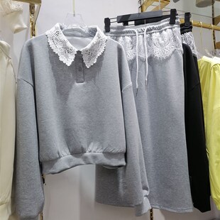 花边卫衣 拼蕾丝长袖 半身裙两件套裙子 慵懒风连衣裙套装 2025春季