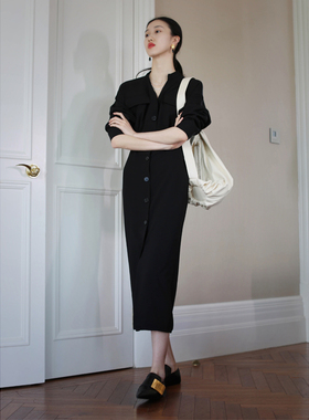 黑色显瘦收腰长袖高腰长裙V领气质优雅开叉连衣裙23110