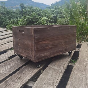 复古工业风装饰收纳箱带轮子可移动杂物整理储物箱无盖实木大箱子