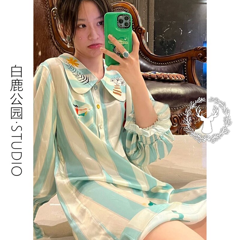 韩版高级感印花长袖睡衣女夏款2025年新款冰丝睡裙家居服连衣裙子