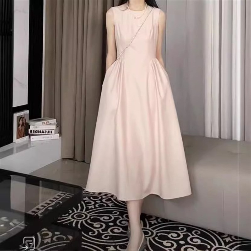 正式场合少女连衣裙女装夏季气质无袖小个子法式漂亮粉色连衣裙