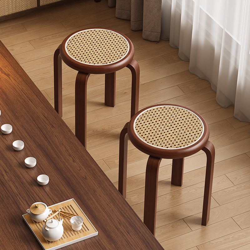 新中式藤编餐椅实木凳子家用圆凳省空间板凳可叠放餐厅备用餐桌椅