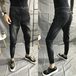 秋季新款小脚牛仔裤男韩版修身潮流弹力九分裤青年抽绳休闲束脚裤