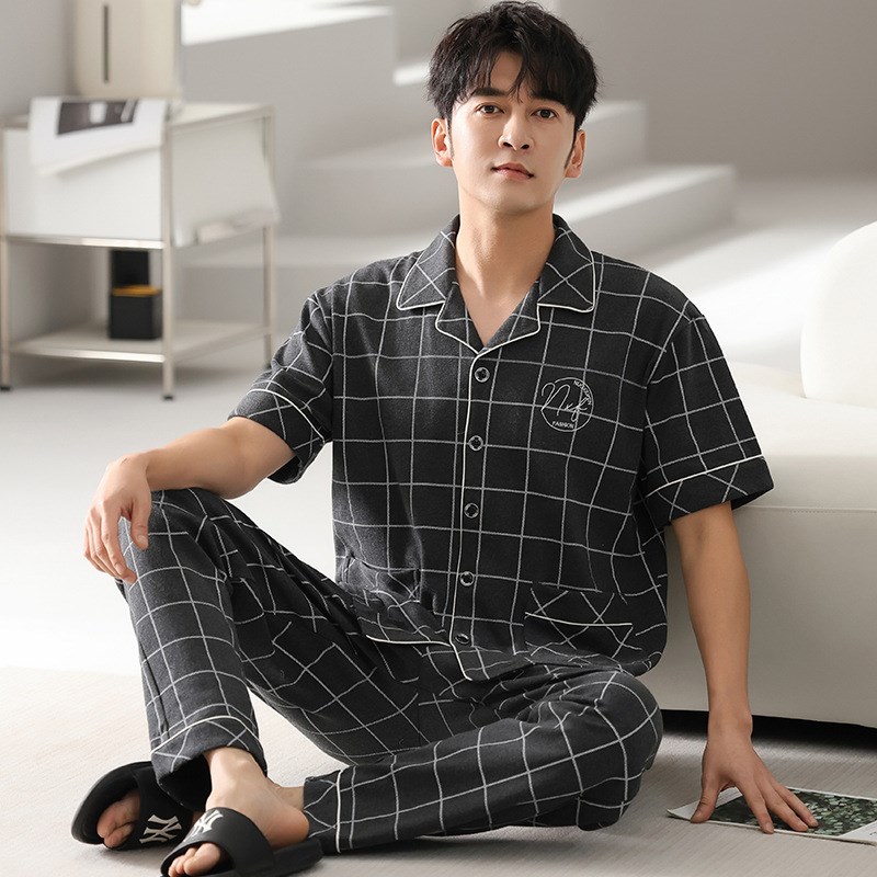 日系男士睡衣夏季短袖长裤纯棉薄款开衫全棉空调家居服两件套