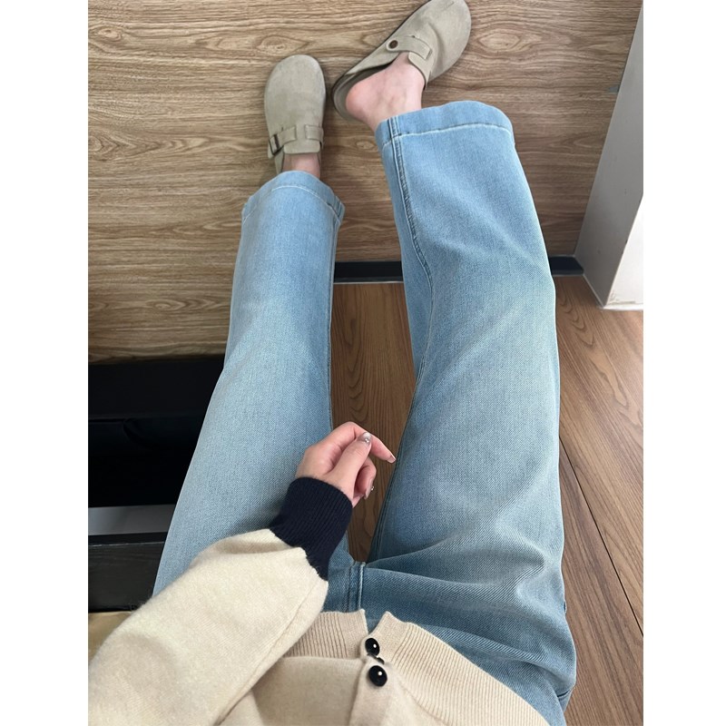 浅蓝色窄版直筒牛仔裤女夏季薄款胖mm梨形身材高腰显瘦九分烟管裤