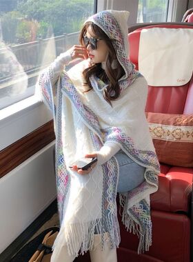春秋女款民族风披肩连帽彩色波浪外搭针织衫云南旅游拍照斗篷流苏