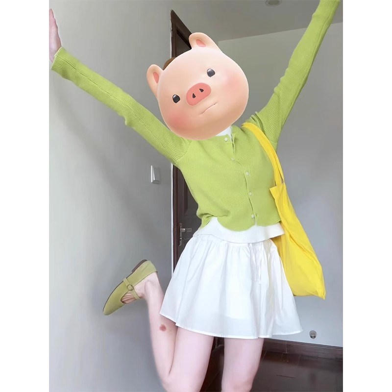 小个子绿色圆领假两件针织开衫女2025早春季新款修身短款毛衣外套