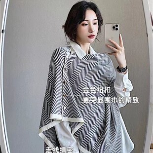 秋冬新款羊毛围巾女百搭围脖外搭带扣披肩斗篷两用保暖加厚披风潮