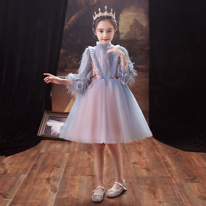 儿童高端礼服公主裙女童生日长袖小花童婚纱主持人钢琴演出服夏季