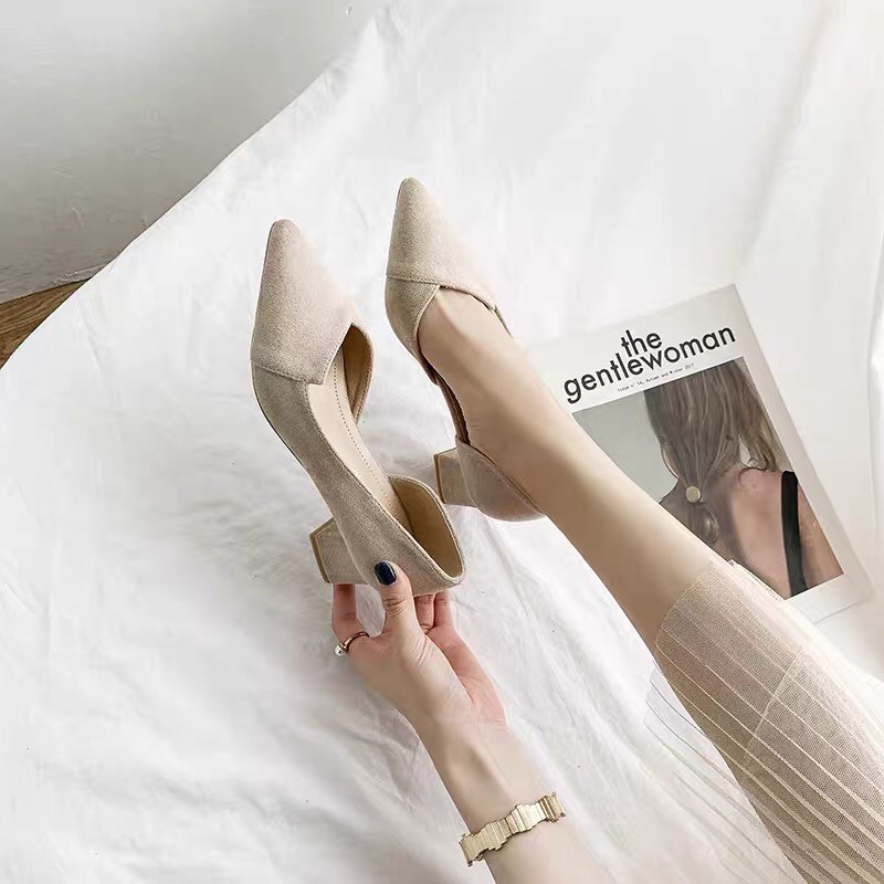 女鞋2023新款春季粗跟中跟尖头温柔百搭淑女风高跟鞋网红春早单鞋