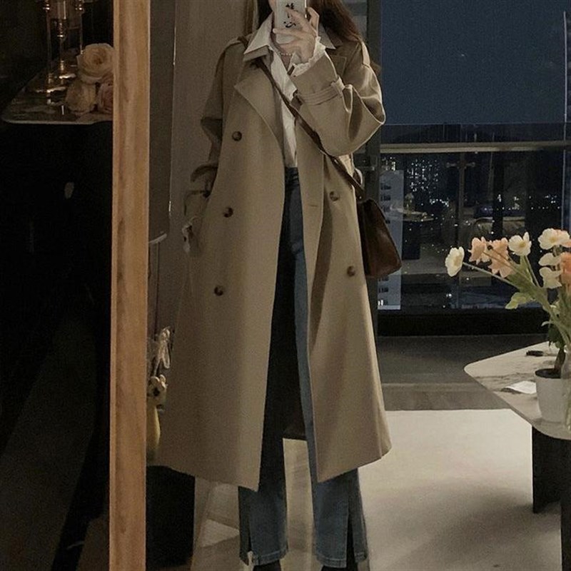 时尚宽松英伦风衣女秋中长款过膝大衣双排扣显瘦高级感外套休闲潮