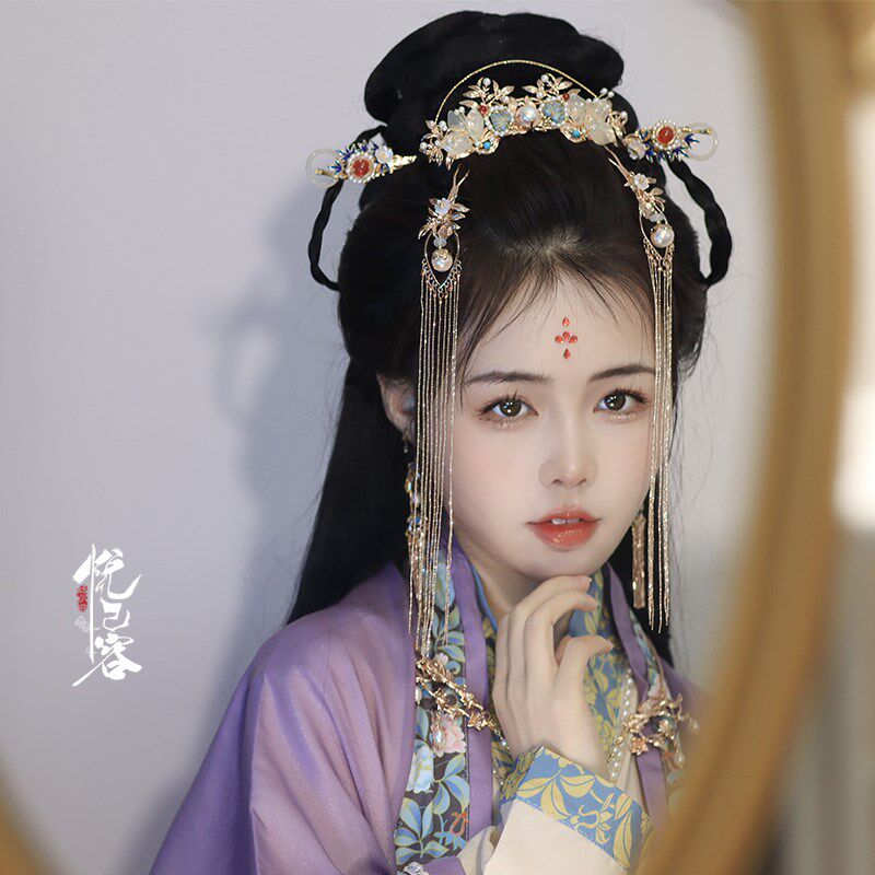 悦己容[清帘意]古风头饰蝶贝长流苏发簪花钿唐宋明制汉服发冠婚嫁