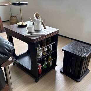 复古全实木沙发边柜可移动旋转折叠阳台茶角边几多功能餐桌小推车