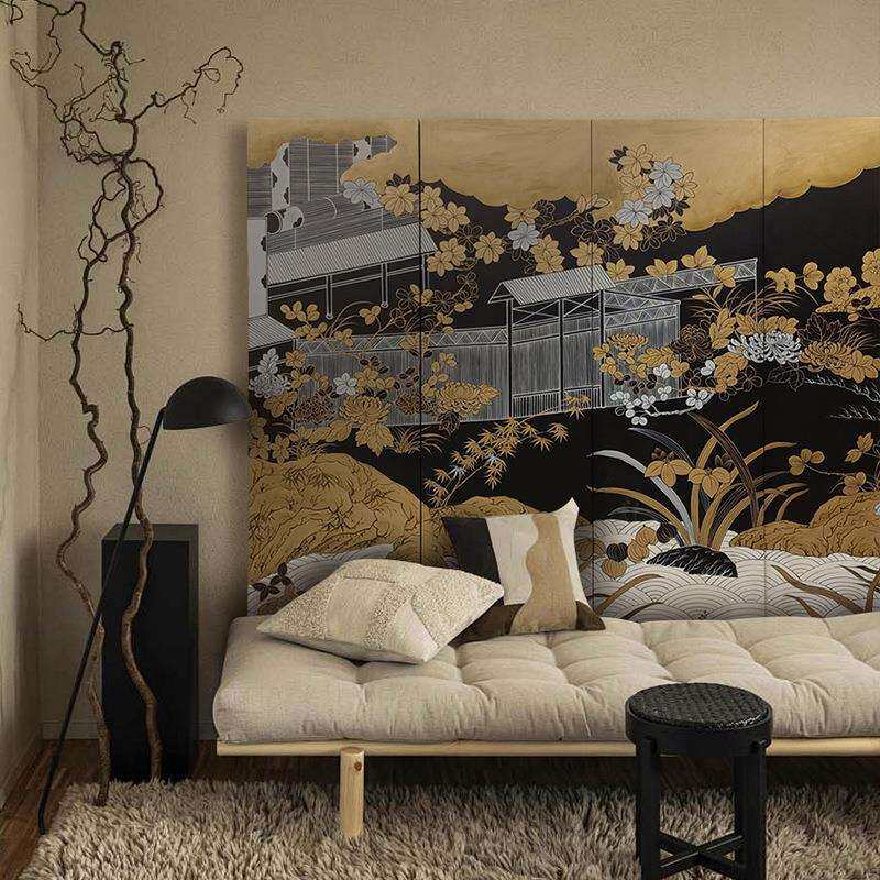 侘界中古屏风手绘金箔松鹤漆画客厅卧室隔断遮挡茶室玄关背景折屏