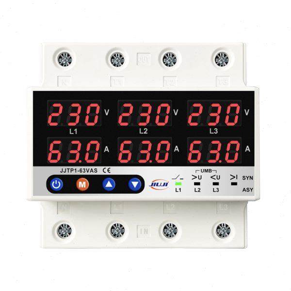 分路段三相可调数显自复式过欠压限流保护器过载63A缺零缺相2