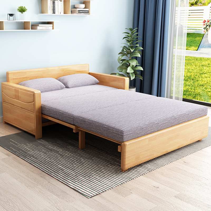 简约现代实木沙发床1.8米可折叠伸缩橡木床中小户型储物两用沙发