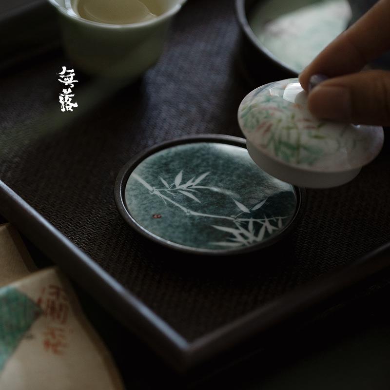 无落 半锡点铜景德镇手绘墨染竹风盖置茶道配件盖碗茶壶盖托杯垫