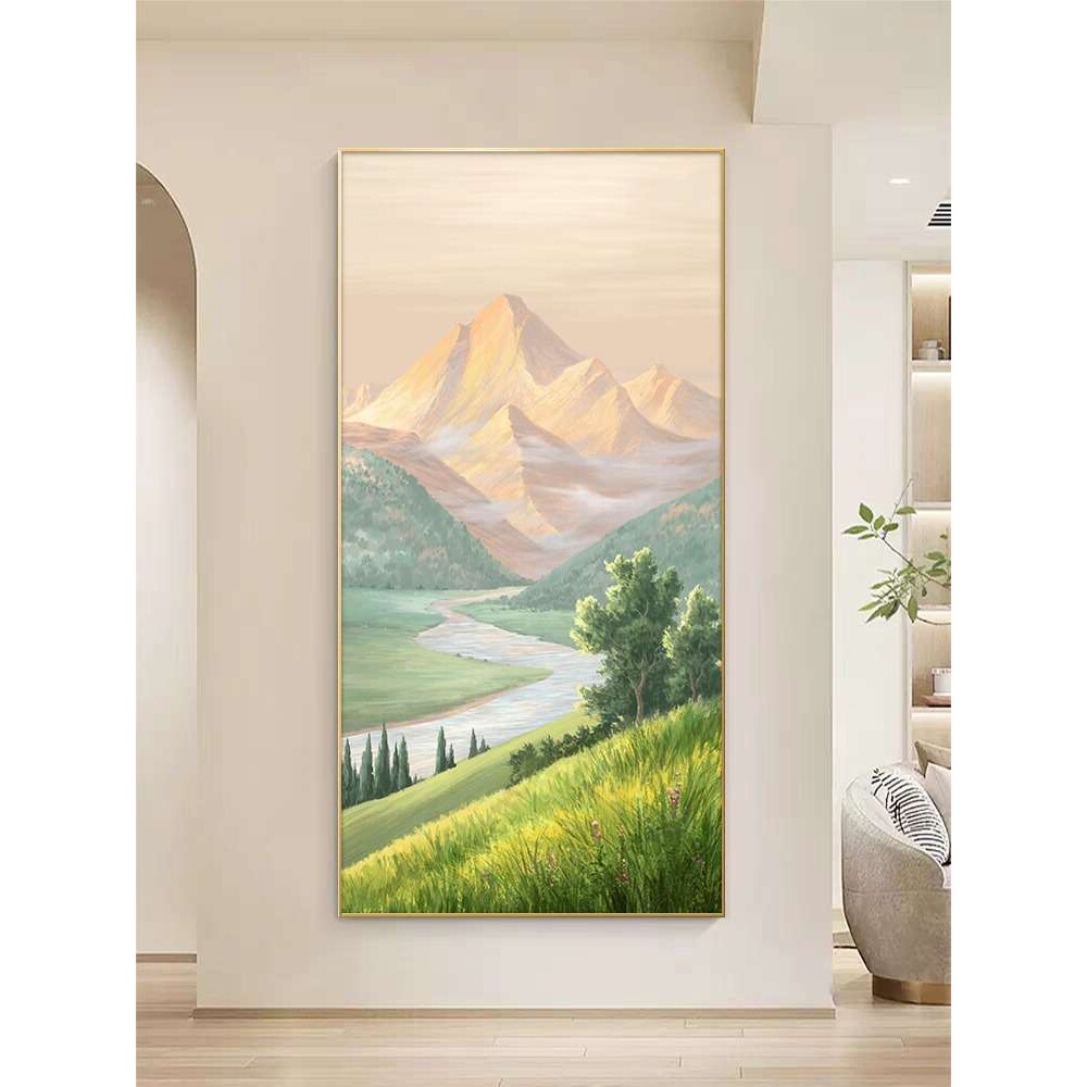 玄关装饰画走廊过道风景画日照金山挂画山水画入户手绘油画墙壁画
