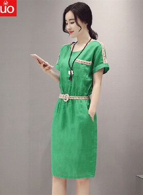 棉麻绿色连衣裙女夏季2021新款韩版百搭收腰民族风宽松亚麻裙子