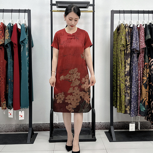 大尺码真丝盘扣旗袍妈妈洋装夏季新款薄香云纱印花短袖中老年裙子