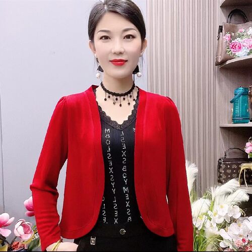 春秋披肩外套女短款长袖大码百搭上衣中老年纯色针织外搭开衫外披