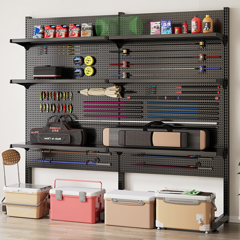 洞洞板置物架落地钓鱼工具鱼竿配件收纳架路亚杆放置架多层展示架