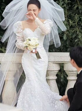 新娘主婚纱中长款头纱蓬蓬纱森系新款求婚拍照写真跟妆样片头饰