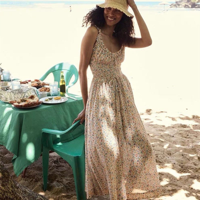 雪绿【DO纯棉】复古田园碎花无袖花边收腰抽绳大摆度假连衣裙