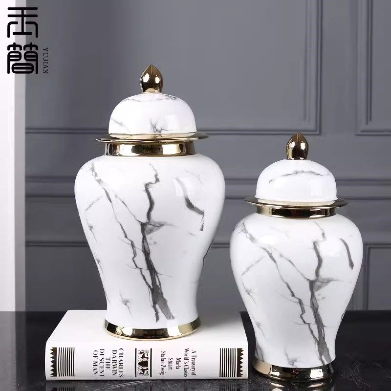 中式轻奢仿大理石纹将军罐陶瓷花瓶售楼部样板间酒店落地软装饰,家居饰品,落地摆件,淘宝优惠券,粉丝福利购,淘宝优惠卷