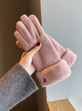 手套秋冬季女式加绒手套加厚翻毛口德绒手套户外骑行开车触屏手套