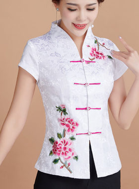 中年女夏改良唐装短袖套装妈妈汉服刺绣中国风复古民族风棉麻上衣